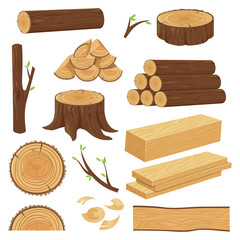 Wood trunks. Stacked lumber material, trunk twig and firewood logging twigs. Tree stump, old wooden plank isolated cartoon vector set © Tartila