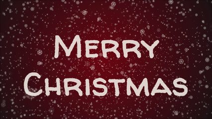 Greeting card Merry Christmas, falling snow, white letters, red background