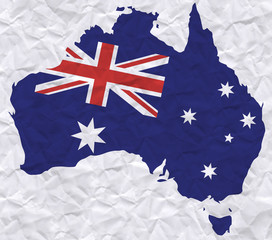 old crumpled paper with watercolor painting of Australia flag and map