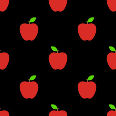 Black seamless pattern with red apples. Vector illustration.