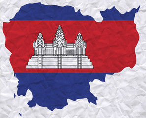 old crumpled paper with watercolor painting of Cambodia flag and map