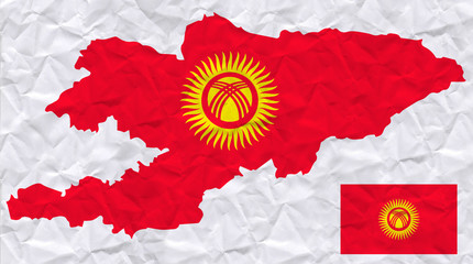 old crumpled paper with watercolor painting of Kyrgyzstan flag and map