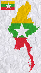old crumpled paper with watercolor painting of Myanmar flag and map