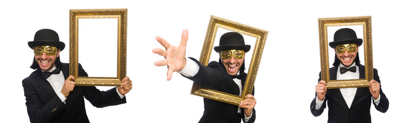 Funny man with picture frame on white