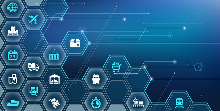 supply chain management concept, procurement, warehousing, transportation, distribution - vector illustration