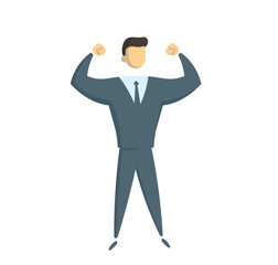 Strong businessman in suit with his hands up in the air. Successful entrepreneur, business, strong leader concept illustration. Flat vector illustration. Isolated on white background.