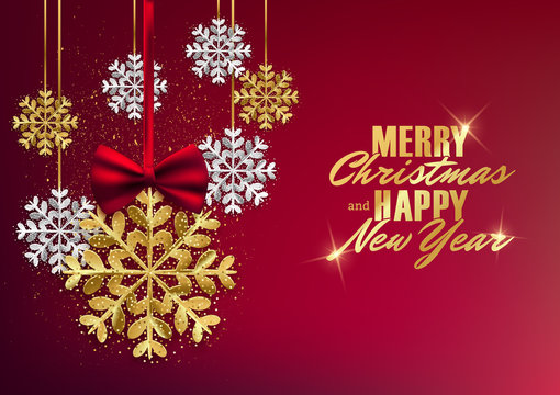Merry Christmas and Happy New Year postcard with gold glitter snowflakes, vector illustration