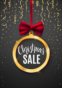 Christmas sale festive advertisement banner, discount, shop, gold bauble with bow, vector illustration