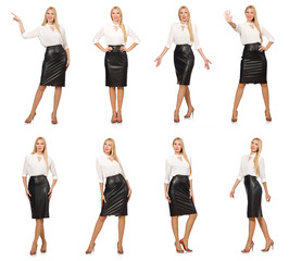 Pretty woman in leather skirt isolated on white