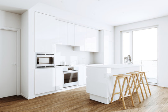 White Modern kitchen in a loft 3d render