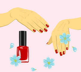 vector woman hands with red fingernails and nail polish with flowers isolated