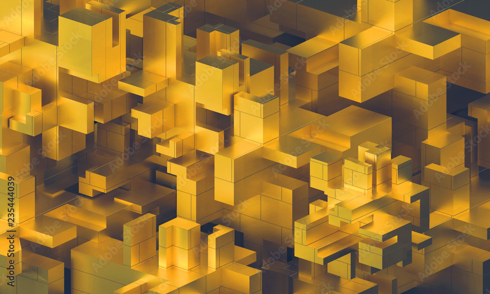 Poster gold squares blocks abstract background , 3d rendering.