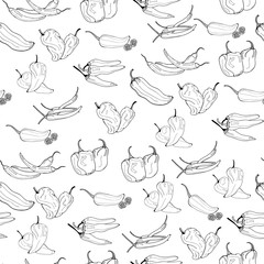 Hand drawn chili peppers. Graphic vector seamless pattern