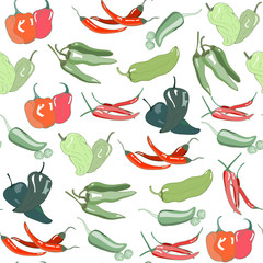 Hand drawn chili peppers. Colored graphic vector seamless pattern