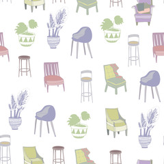 Colored chairs and home plants. Hand drawn doodle vector seamless pattern