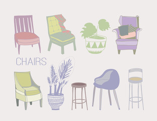 Colored chairs and home plants. Hand drawn doodle vector set. All elements are isolated