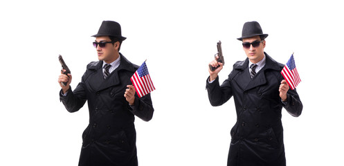 Man spy with handgun and usa flag isolated on white background