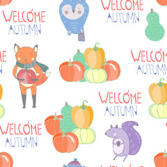Welcome autumn. Colored graphic vector seamless pattern