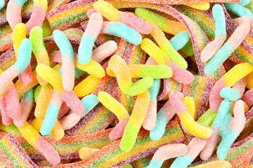 Assorted gummy candies. Top view. Jelly  sweets.