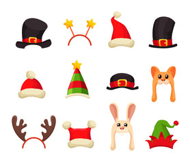 Traditional Christmas Hats or Caps and Head Accessories Decorated With Fur, Indeer Horns and Stars. Celebratory New Year Headdresses in Red, White and Green Colors. Cartoon Style Vector Illustration
