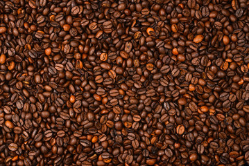 Coffee beans background. Top view. Coffee beans texture.