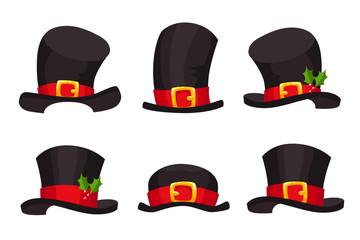 Christmas Set of Hats. Xmas Black Cap For Mobile App on Transparent Background. Cartoon Style Vector Illustration