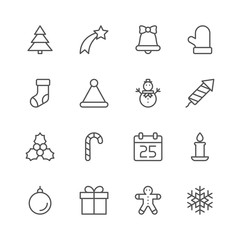 Christmas flat icons set drawing with thin lines. Outline symbols of Happy New Year, Xmas holiday celebration. Editable stroke. Vector illustration, eps10