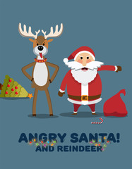 Fototapeta na wymiar Angry Santa Claus and reindeer. Christmas Decorative Gerland. Sad Christmas. Christmas card. New Year's Eve