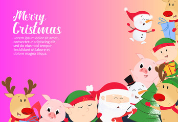 Obraz na płótnie Canvas Merry Christmas with cartoon characters pink poster design