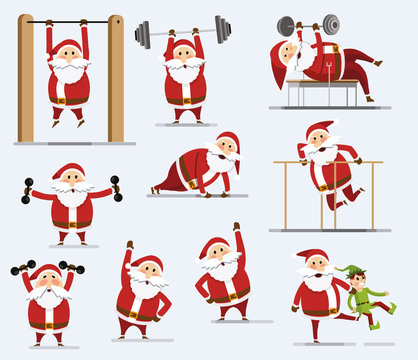 Collection of Santa Clauses. Santa Claus with a barbell. Santa claus squeezes from the floor. Set of Santa Claus doing sports. Flat style. Vector illustration Eps10 file
