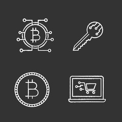 Bitcoin cryptocurrency chalk icons set