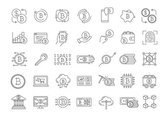 Bitcoin cryptocurrency linear icons set