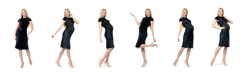 Pretty pregnant woman in black dress isolated on white