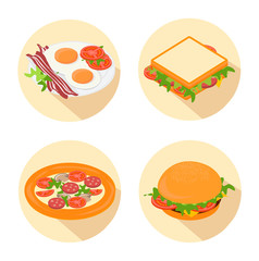 Set of cartoon fast food icon with long shadow  on white background.  Vector illustration