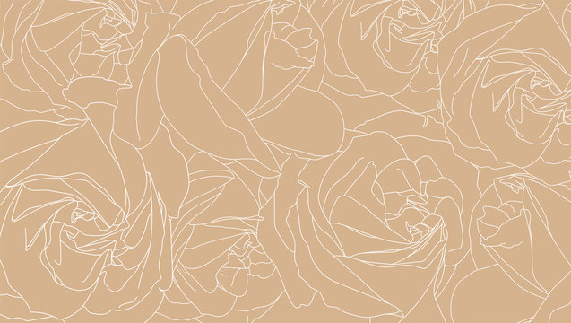 Roses bud outlines. Pattern of white roses on colored background. Hand-drawn romantic floral background. Style of sketch or doodle . Vector illustration eps10. Template for textile, wrap paper, cover