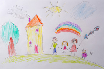 Children's drawing My Happy Family . The concept of child psychology. Psychological testing of the...