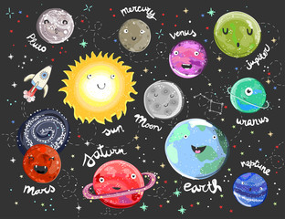 Hand drawn solar system with funny faces. Colorful vector illustration © Dariia