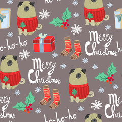 Merry christmas elements. Colored doodle vector seamless pattern. Brown background