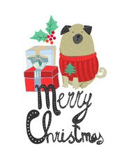 Cute pug and presents. Merry Christmas vector greeting card