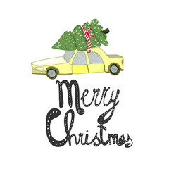 Christmas tree on a car. Merry Christmas vector greeting card