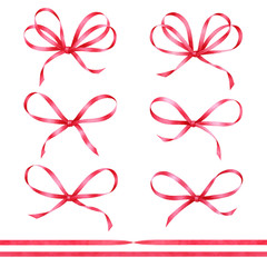 Red watercolor bows and ribbons. Decorative design elements isolaed on white background