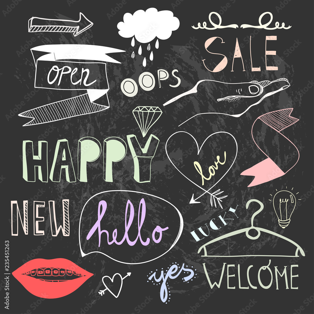 Poster various phrases and doodle objects. design elements set. chalkboard style. black background. all obj