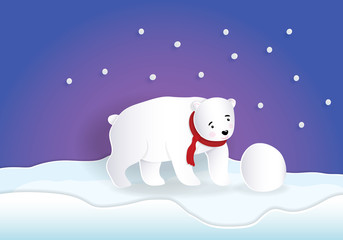 Bear wearing red scarf playing snowball with blue background while snow falling.