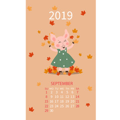 Pig calendar for 2019, calendar lettering, september 2019 template, hand drawn pig cartoon vector illustration Can be used for postcard, gift card, banner, poster, card.