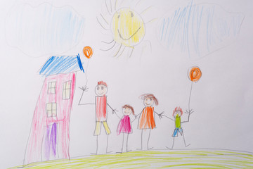 Children's drawing My Happy Family . The concept of child psychology.