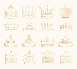 Set of golden crowns, tiaras, diadems. Vector glitter illustration. Gold isolated outline icons. © anatartan