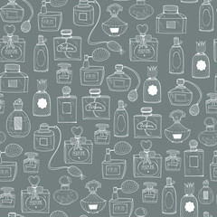 Hand drawn perfume bottles. White graphic vector seamless pattern. Grey background