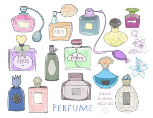 Hand drawn perfume bottles. Colored graphic vector set. All elements are isolated