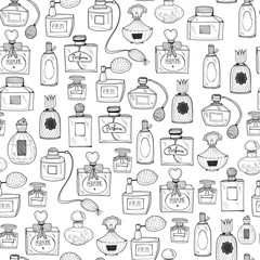 Hand drawn perfume bottles. Graphic vector seamless pattern