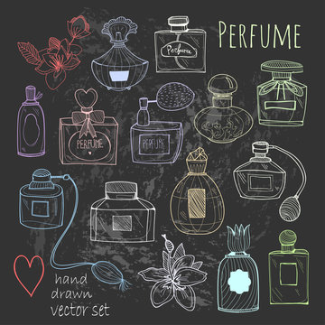 Hand drawn perfume bottles. Colored graphic vector set. Chalkboard style. All elements are isolated